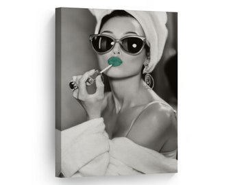 Audrey Hepburn Style Make Up Canvas Print Black and White Green Lips Pop Art Home Decor Iconic Wall Art Vanity Room Bedroom Canvas Wall Art