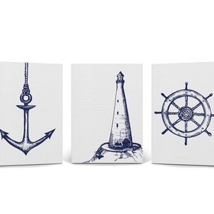 Anchor Lighthouse Ship Wheel Navy Blue White Nautical Decor 3 Pieces Canvas Print set Coastal Wall Art Home Decor Stretched Ready to Hang