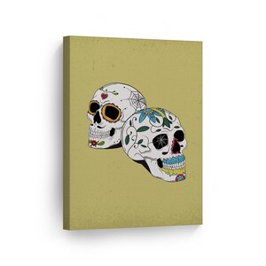 Day of the Dead Two Vintage Floral Sugar Skull Dia De Los Muertos Metal or Canvas Print Mexican Wall Art Living Room Bedroom Wall Home Decor