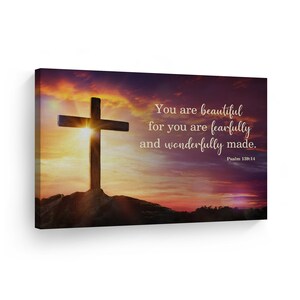 Scripture Bible Verse Wall Art Canvas Print Christian Psalm 139:14 You are Beautiful for Fearfully and Wonderfully Made Cross Home Decor