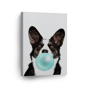 Cute Corgi Dog Animal Bubble Gum Art Teal Blue Canvas Wall Art Print Photo Wall Art Girls and Boys Room Pop Art Kids Room Nursery Decor