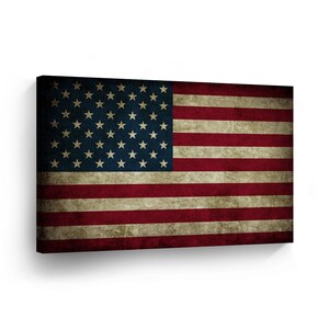 May include: A distressed American flag with red and white stripes and a field of blue with white stars. The flag is faded and worn, giving it a vintage look.
