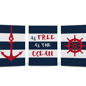 Anchor Ship Wheel Ocean Quote Navy Blue and White Striped Nautical Decor 3 Pieces Canvas Print set Coastal Wall Art Home Decor Ready to Hang