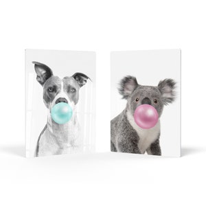Pitbull Dog and Koala Animal Bubble Gum Art 2 Panel Metal Print Set Pink and Blue Wall Art Home Decor Kids Room Nursery Decor Ready to Hang