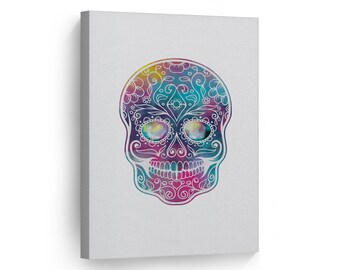 Day of the Dead Colorful Watercolor Sugar Skull Dia De Los Muertos Metal or Canvas Print Mexican Wall Art Living Room Wall Home Decor