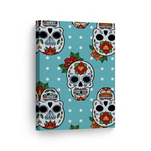 Day of the Dead Colorful Pattern Vintage Floral Sugar Skull Dia De Los Muertos Metal or Canvas Print Mexican Wall Art Living Room Home Decor