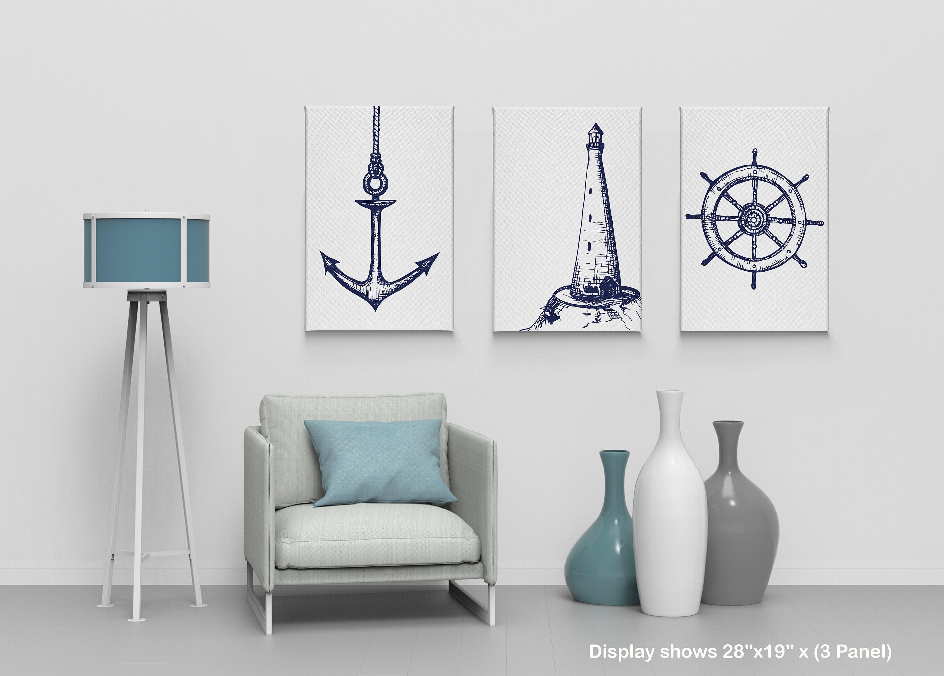Anchor Lighthouse Ship Wheel Navy Blue White Nautical Decor 3 Pieces ...