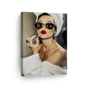 Audrey Hepburn Style Make Up Canvas Print Colored Red Velvet Lips Pop Art Home Decor Iconic Wall Art Vanity Room Bedroom Canvas Wall Art