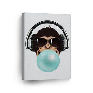 Funny DJ Monkey Gorilla Animal Bubble Gum Art Teal Blue Chewing Gum Canvas Print Animal Art Animal Print Home Decor Wall Art Ready to Hang