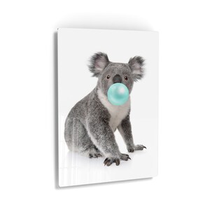 Cute Baby Koala Animal Bubble Gum Art Teal Blue Metal Print Wall Art Chewing Gum Home Decor Metal Print Decor Kids Room Decor Nursery Decor