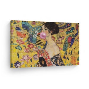 Gustav Klimt&#39;s Masterpiece Lady with Fan Pink Bubble Gum Art Canvas Print Paintings Wall Art Classic Art Home Decor Stretched Ready to Hang