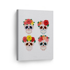Dia De Los Muertos Four Floral Sugar Skull in Sombrero Day of the Dead Metal or Canvas Print Mexican Wall Art Living Room Wall Home Decor
