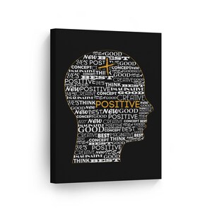 Black and White Brain Think Positive Lettering Motivational Canvas Wall Art Print Inspirational Entrepreneur Quote Modern Office Decor