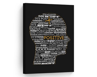 Black and White Brain Think Positive Lettering Motivational Canvas Wall Art Print Inspirational Entrepreneur Quote Modern Office Decor