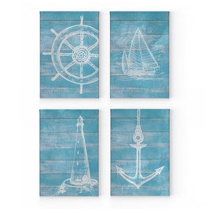 Anchor Sailboat Lighthouse Ship Wheel Blue Wooden Nautical Decor 4 Pieces Canvas Print set Coastal Wall Art Home Decor Ready to Hang
