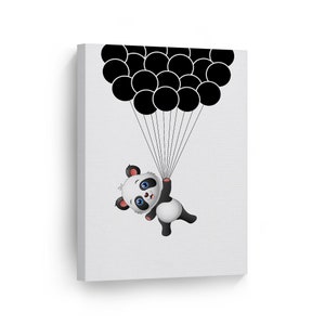 Flying Cute Blue Eyed Panda with Black Balloons Illustration Safari Animal Canvas Wall Art Print Kids Girl Boy Baby Nursery Room Decor