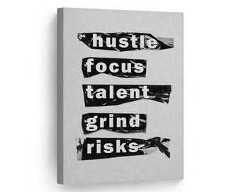Hustle Black and White Lettering Contemporary Motivational Canvas Wall Art Print Inspirational Entrepreneur Quote Modern Office Decor