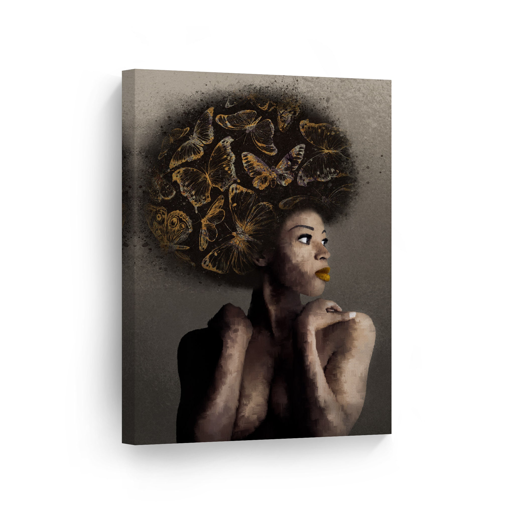 Gold and Orange Butterfly Afro Woman African Woman Canvas Wall Art Print Traditional African Black African Art Living Room Bedroom Decor