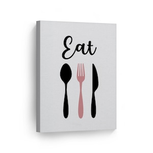 Black and Pink Spoon Fork Knife Kitchen Canvas Wall Art Print Restaurant Cafe Dining Room Farmhouse Decor Modern Kitchen Decor