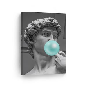Michelangelo&#39;s Masterpiece Statue of David Teal Blue Bubble Gum Art Canvas Print Statues Wall Art Classic Art Home Decor  Ready to Hang