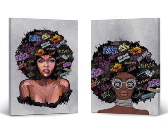 Afro African American Art Colorful Woman Graffiti Hair 2 Piece Set Canvas Art Print Wall Art Decor African Decor Living Room Bedroom