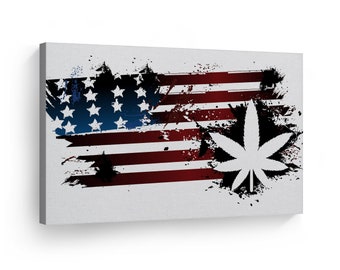 Smoke Wall Art Canvas Wall Art Print American Flag and a Marijuana Leaf White BackgroundWeed Home Decor Artwork Living Room Office Decor