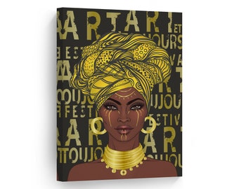 Headwrap African American Art Woman with Golds Pop Art Canvas Wall Art Print Wall Decor of Sexy Black African Art Living Room Bedroom Decor
