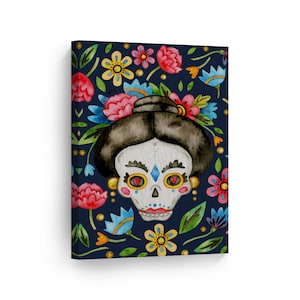 Day of the Dead Gothic Floral Woman Watercolor Sugar Skull Dia De Los Muertos Metal or Canvas Print Mexican Wall Art Living Room Home Decor