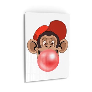 Funny Young Monkey Gorilla with Cap Animal Bubble Gum Art Red Chewing Gum Metal Print Home Decor Metal Decor Kids Room Decor Nursery Decor
