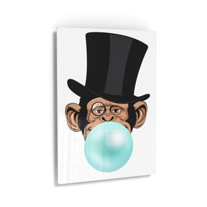 Funny Senior Monkey Gorilla with Top Hat Animal Bubble Gum Art Blue Chewing Gum Metal Print Home Metal Decor Kids Room Decor Nursery Decor
