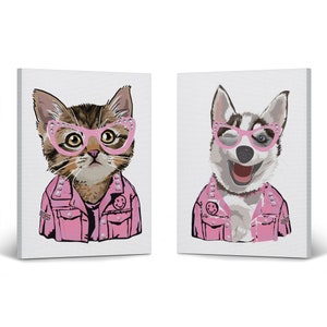 Stylish Cat Husky Dog Wearing Pink Jacket 2 Piece Animal Canvas Wall Art Print Set Pet Owner Gift Living Room Kids Baby Nursery Room Decor