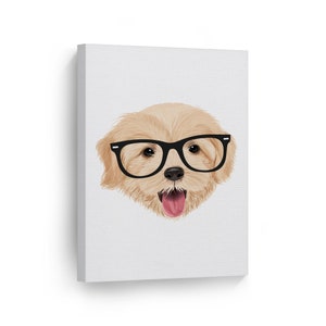 Cute Golden Retriever Puppy with Glasses Watercolor Animal Canvas Wall Art Print Pet Owner Dog Lover Gift Kids Baby Nursery Decor