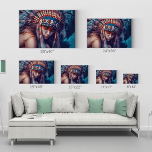 May include: A woman wearing a colorful headdress with feathers and face paint. The background is a dark blue and green color. The image is available in various sizes, from 8 inches by 12 inches to 30 inches by 40 inches.