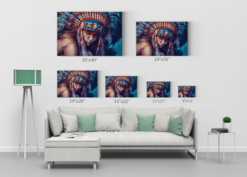 May include: A woman wearing a colorful headdress with feathers and face paint. The background is a dark blue and green color. The image is available in various sizes, from 8 inches by 12 inches to 30 inches by 40 inches.