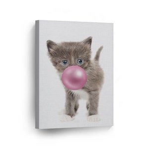 Cute Cat Kitten Animal Bubble Gum Art Pink Canvas Wall Art Print Photo Wall Art Girls and Boys Room Pop Art Kids Room Nursery Decor