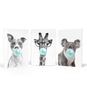 Dog Giraffe Koala Animal Bubble Gum Art 3 Panel Metal Print Set Teal Blue Black and White Wall Art  Kids Room Nursery Decor Ready to Hang