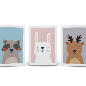Cute Raccoon Rabbit Deer and Blue Pink Gray 3 Panel Canvas Print Set Animal Nursery Art Kids Nursery Decor Nursery Wall Art Ready to Hang