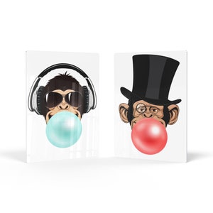 Funny Monkeys DJ and Senior Animal Bubble Gum Art 2 Panel Metal Print Set Red and Blue Gum Wall Art Kids Room Nursery Decor Ready to Hang