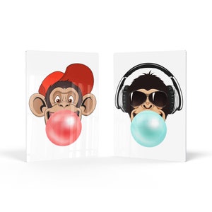 Funny Monkeys DJ Animal Bubble Gum Art 2 Panel Metal Print Set Red and Blue Chewing Gum Wall Art Kids Room Nursery Decor Ready to Hang