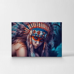 May include: A woman wearing a colorful headdress with feathers and a beaded headband. Her face is painted with blue and white designs. The background is a blurred blue and green.