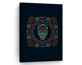 Day of the Dead Floral Neon Colored Sugar Skull Dia De Los Muertos Metal or Canvas Print Mexican Wall Art Living Room Wall Home Decor