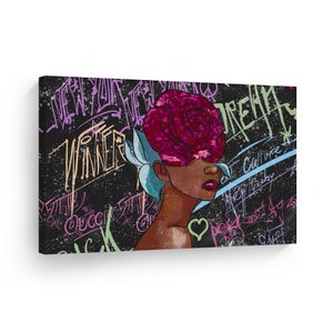 African American Colorful Graffiti Pop Art Paint Canvas Wall Art Print Rose Head Line Art Woman Black African Art Living Room Decor