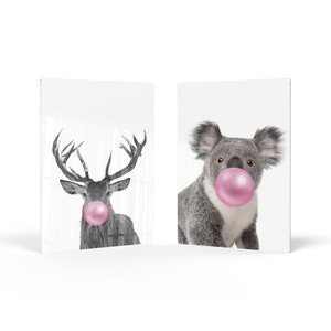 Reindeer and Koala Animal Bubble Gum Art 2 Panel Metal Print Set Pink Gum Black and White Wall Art Kids Room Nursery Decor Ready to Hang