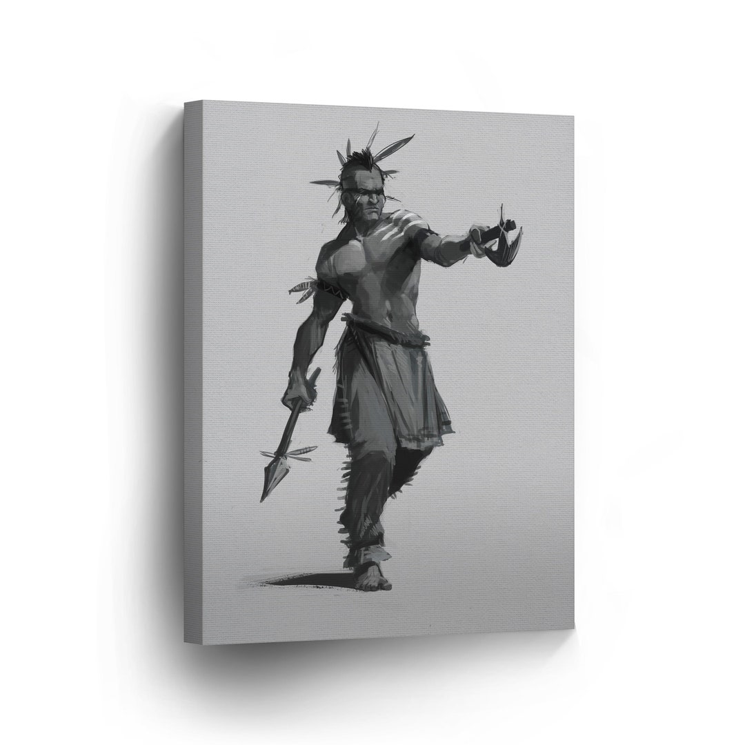 Indian Art Native American Warrior With Axe CANVAS PRINT Black and ...