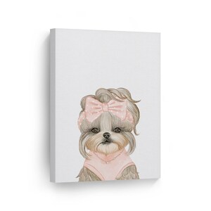 Pretty Dog with Pink Ribbon Watercolor Illustration Animal Canvas Wall Art Print Pet Owner Dog Lover Gift Kids Baby Nursery Decor