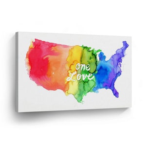 One Love Quote Canvas Print LGBT USA MAP Colors Wall Art Home Decor Artwork Print Stretched Framed-Ready To Hang
