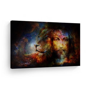 Jesus and The Lion Canvas Print Colorful Painting Lord God Bible Jesus Christ Pray Cross Religious Living Room Bedroom Christian Gift
