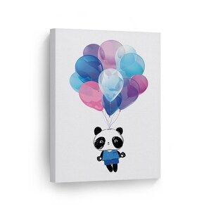 Flying Cute Baby Panda in Blue Cloth with Colorful Balloons Illustration Animal Canvas Wall Art Print Kids Girl Boy Baby Nursery Room Decor