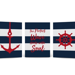 Anchor Ship Wheel Motivational Quote Navy Blue White Nautical Decor 3Pieces Canvas Print set Coastal Wall Art Home Decor Ready to Hang