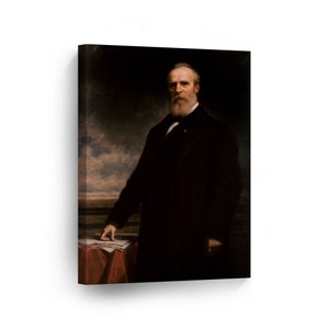 May include: A black and white portrait painting of a man with a beard and mustache. He is wearing a dark suit and a white shirt with a tie. He is standing in front of a dark background with a cloudy sky in the distance. He is holding a piece of paper in his right hand.